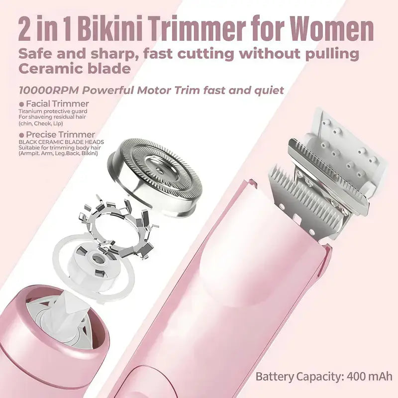 2-In-1 Electric Shaver & Trimmer for Women – Dual-Head Design with Ceramic Blades, 10000RPM Motor, IPX7 Waterproof, Portable for Face, Bikini, Legs, Underarms – Gift Set with Handbag Dual-Head Electric Hair Removal Tool