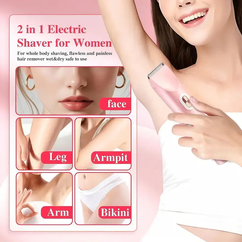 2-In-1 Electric Shaver & Trimmer for Women – Dual-Head Design with Ceramic Blades, 10000RPM Motor, IPX7 Waterproof, Portable for Face, Bikini, Legs, Underarms – Gift Set with Handbag Dual-Head Electric Hair Removal Tool